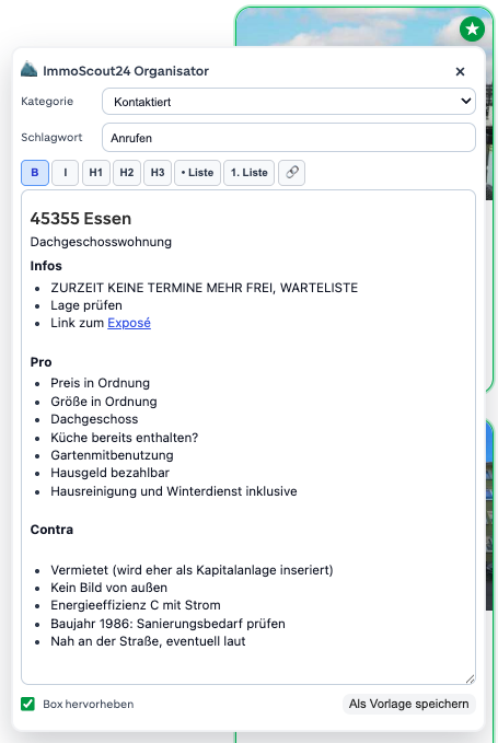 Notiz-Editor des ImmoScout24 Organisators direkt am Favoriten