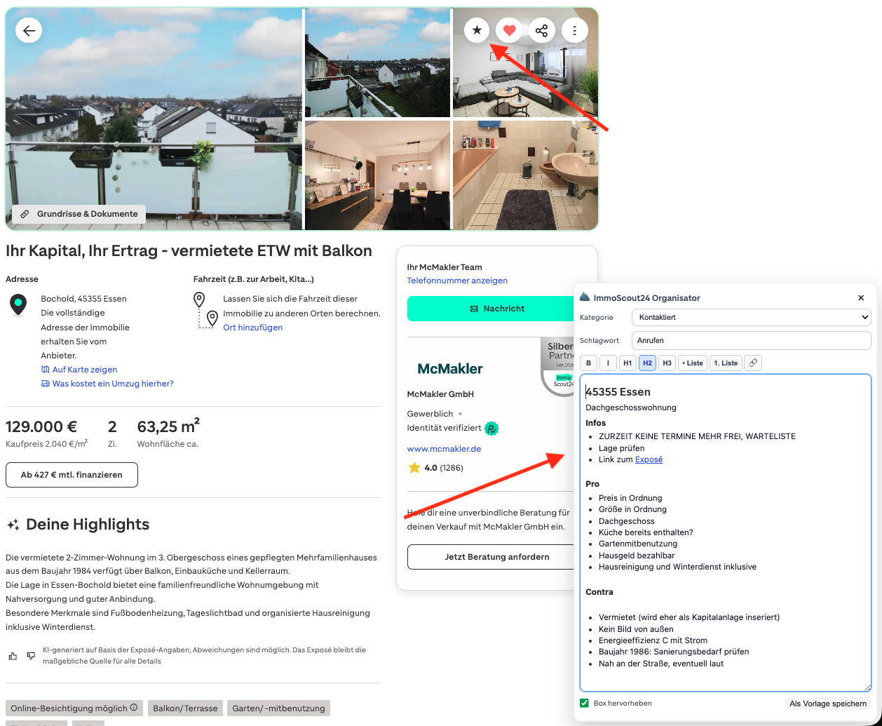 Exposé-Seite mit geöffnetem ImmoScout24 Organisator
