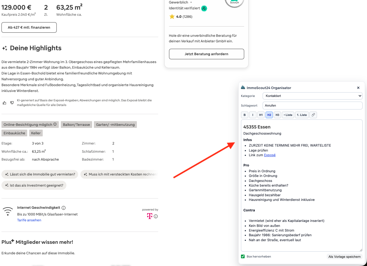 Exposé-Ansicht mit eingeblendeter Organisator-Funktion